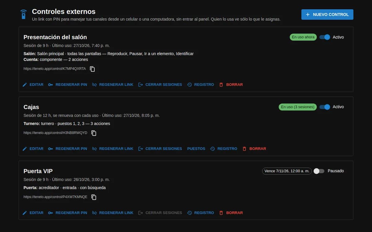 El panel de tenelo en Controles externos: tres controles con sus pestañas, si están en uso, el link y los botones Editar, Regenerar PIN, Regenerar link, Cerrar sesiones, Registro y Borrar