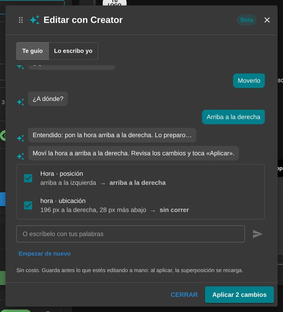 Editar con Creator en una superposición: la hora pasa de arriba a la izquierda a arriba a la derecha, con dos cambios marcados para aplicar