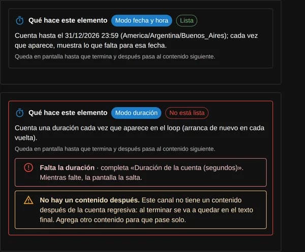 En el panel, «Qué hace este elemento»: una cuenta en modo fecha y hora lista, y otra en modo duración con «Falta la duración» y «No hay un contenido después»