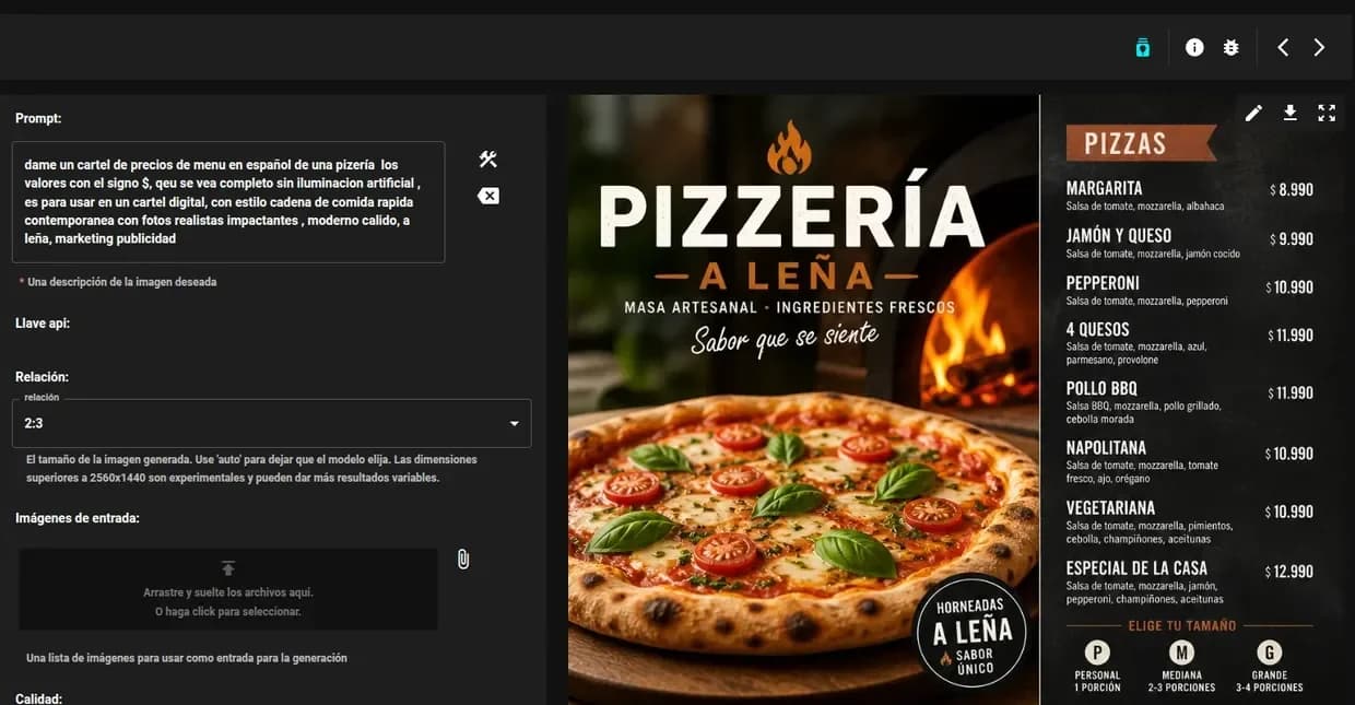 Carta de precios de una pizzería a la leña generada con IA a partir de un pedido escrito en español
