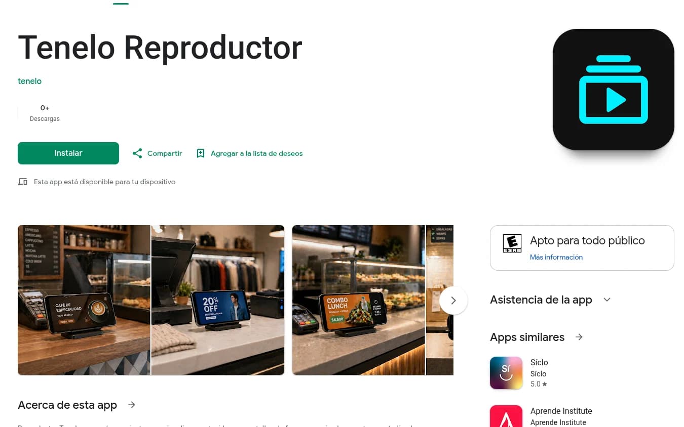 Ficha de Tenelo Reproductor en Google Play, con el botón Instalar y las capturas de la app en un mostrador