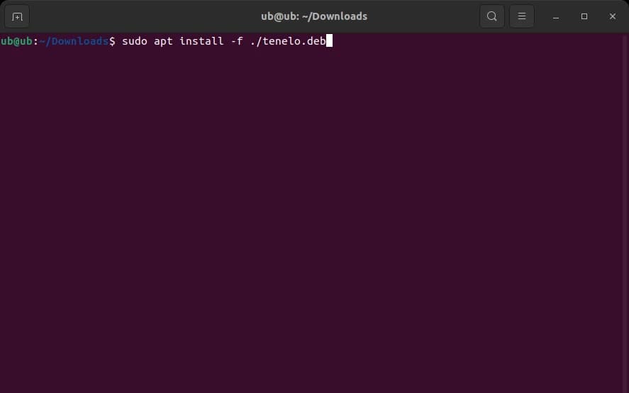 Terminal de Ubuntu con el comando sudo apt install -f ./tenelo.deb listo para ejecutar