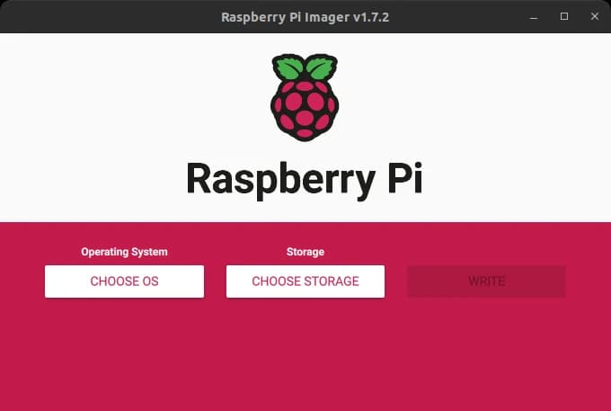 Raspberry Pi Imager recién abierto, con los botones para elegir el sistema y la tarjeta