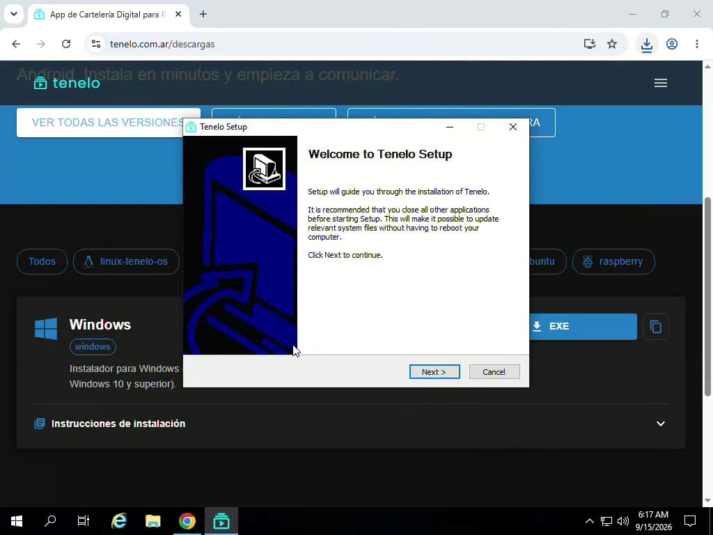 Asistente de instalación Tenelo Setup abierto sobre la página de Descargas, en Windows 10