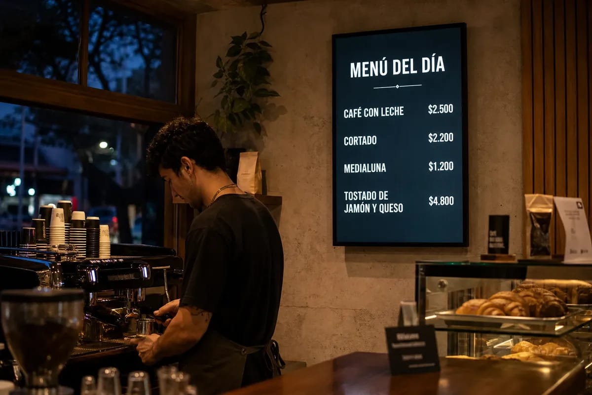 Cafetería con una pantalla vertical detrás de la barra mostrando el menú del día con sus precios, mientras el barista prepara un café
