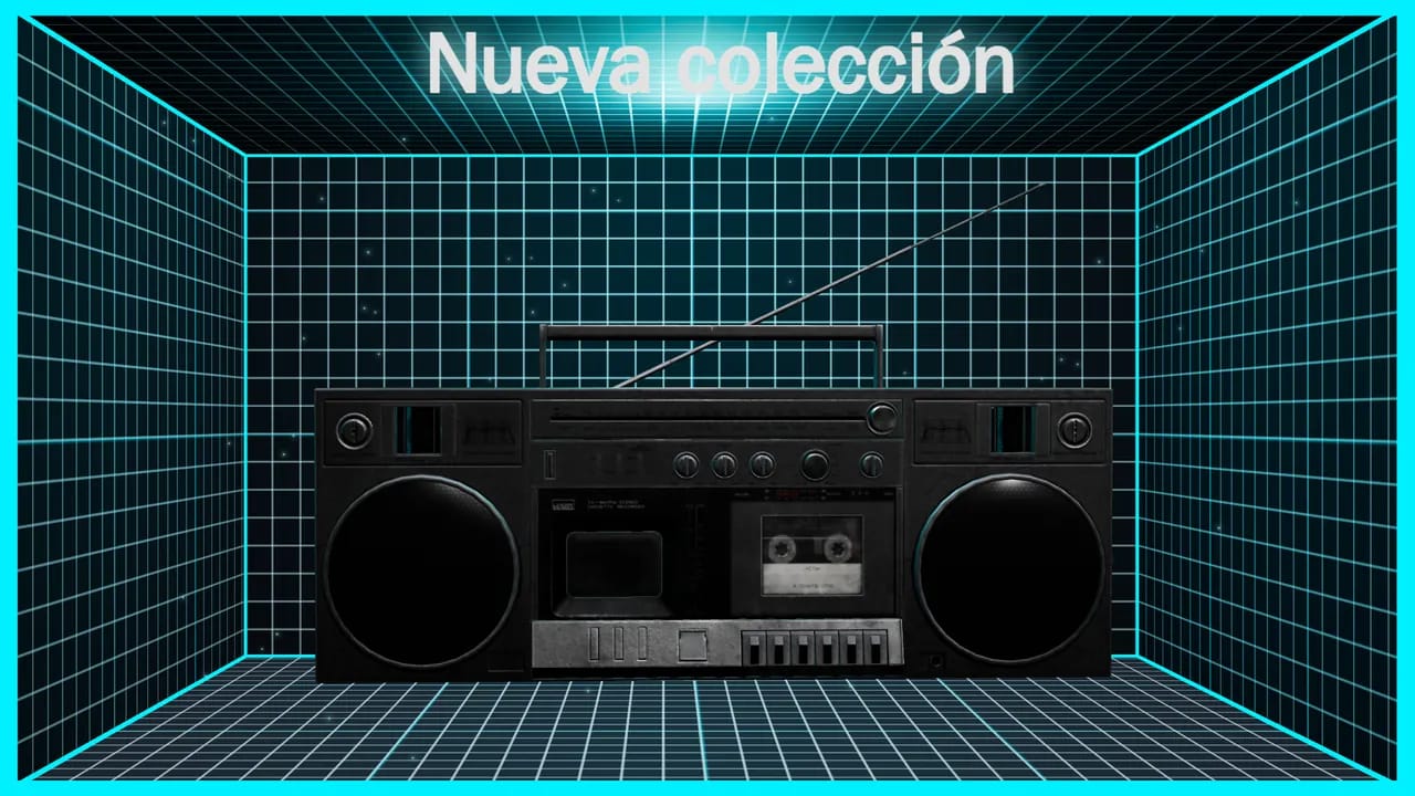 Cartel 3D en una pantalla: un parlante retro con volumen que flota dentro de una caja con profundidad, bajo el título Nueva colección