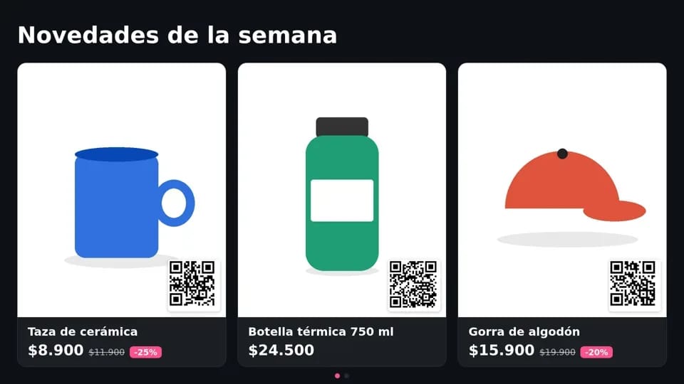 Vidriera: productos de una tienda con su precio, el descuento y un código QR para comprarlos