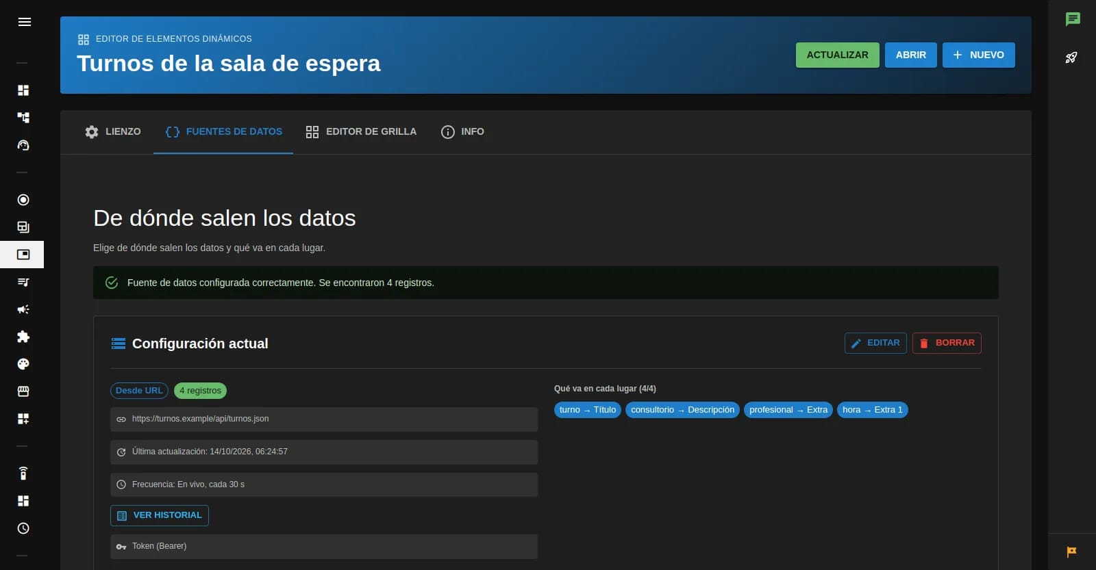 Fuente de datos conectada —una URL que Tenelo lee o un webhook por el que tu sistema envía—, con el mapeo de campos y la frecuencia de actualización