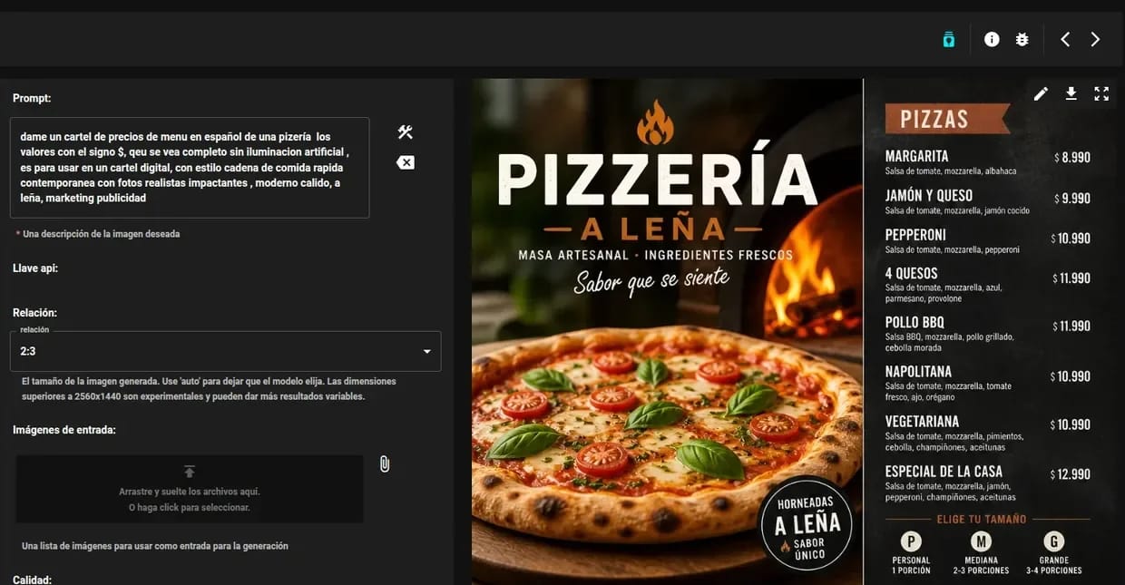Generación de una carta de precios con IA: el pedido escrito en español y el cartel terminado