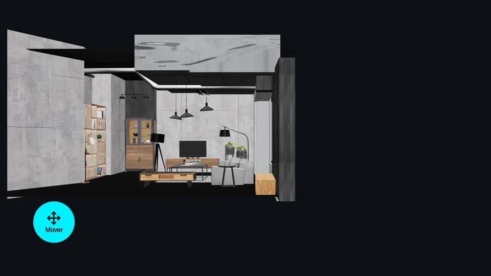 Un living en 3D anclado en la pantalla, visto desde afuera por su lado abierto