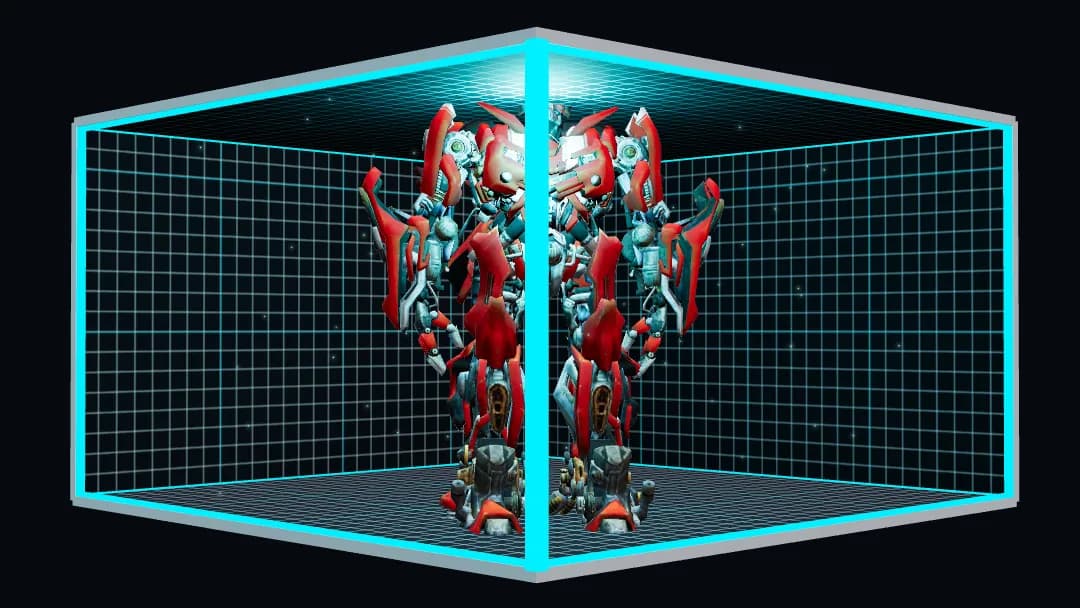 Cartel 3D en una esquina de dos pantallas en L: un robot rojo dentro de una caja con paredes de grilla celeste, partida por la arista de la esquina, que se ve como una sola escena