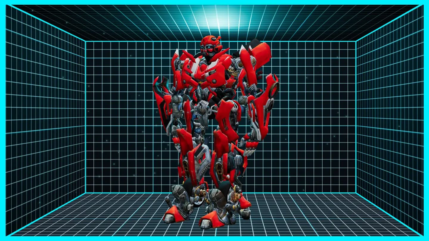 Cartel 3D con el efecto a ojo desnudo: un robot rojo de cuerpo entero dentro de una caja con paredes de grilla celeste en perspectiva, que parece salir de la pantalla