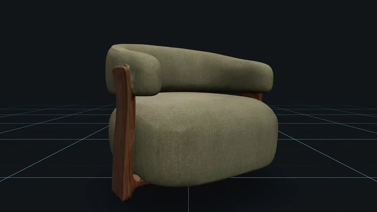 Producto en 3D: un sillón verde de tres cuartos sobre un piso de grilla