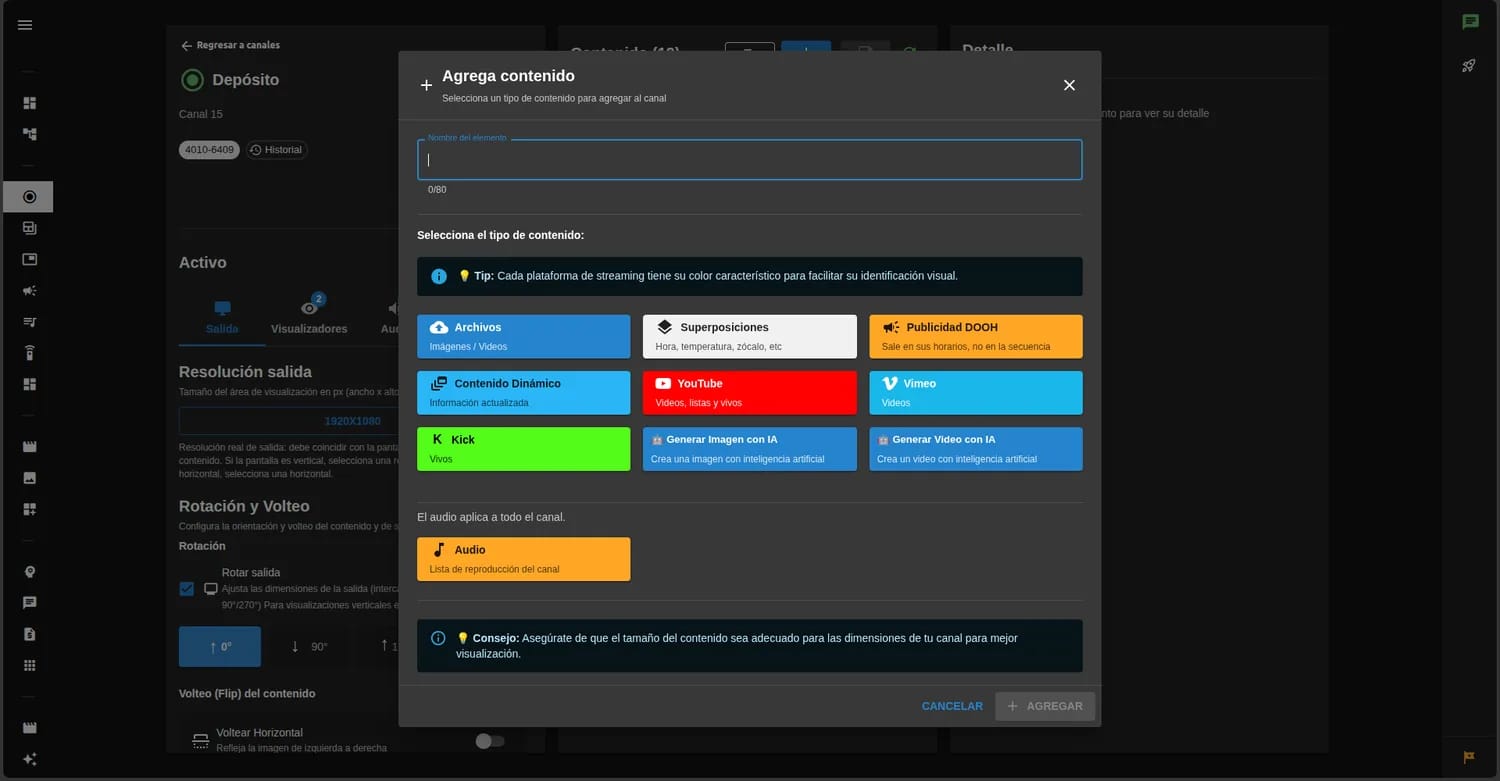 Diálogo Agrega contenido de un canal, con los tipos disponibles: archivos, superposiciones, publicidad DOOH, contenido dinámico, YouTube, Vimeo, Kick, generar imagen con IA, generar video con IA y audio