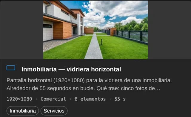 Tarjeta de la plantilla Inmobiliaria — vidriera horizontal en Recursos del panel de Tenelo: 1920 por 1080, ocho elementos, 55 segundos