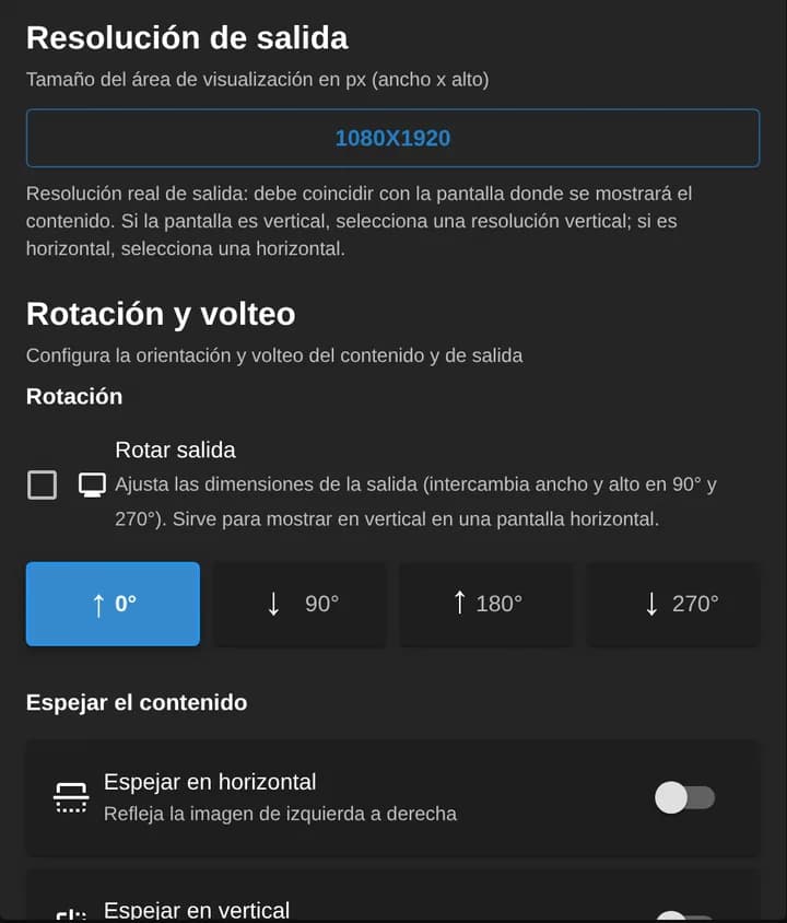 Pestaña Salida de un canal: resolución de salida 1080 por 1920, rotación con las opciones 0, 90, 180 y 270 grados, y espejar en horizontal o en vertical