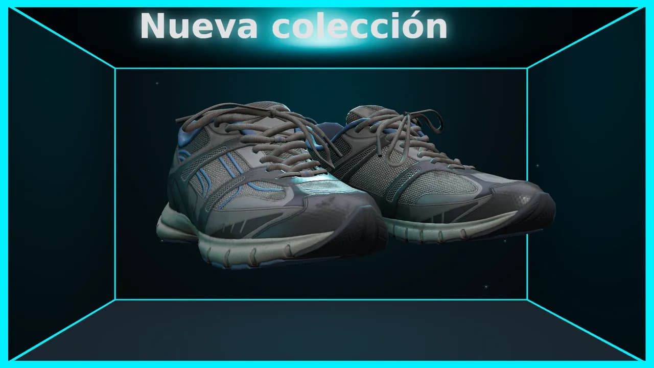 Cartel 3D en una pantalla: unas zapatillas que flotan dentro de una caja con profundidad bajo el título Nueva colección