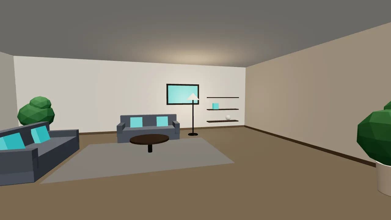 Escenario 3D: el living de demostración visto desde adentro, con sillones, una mesa ratona, una lámpara y almohadones del color de acento