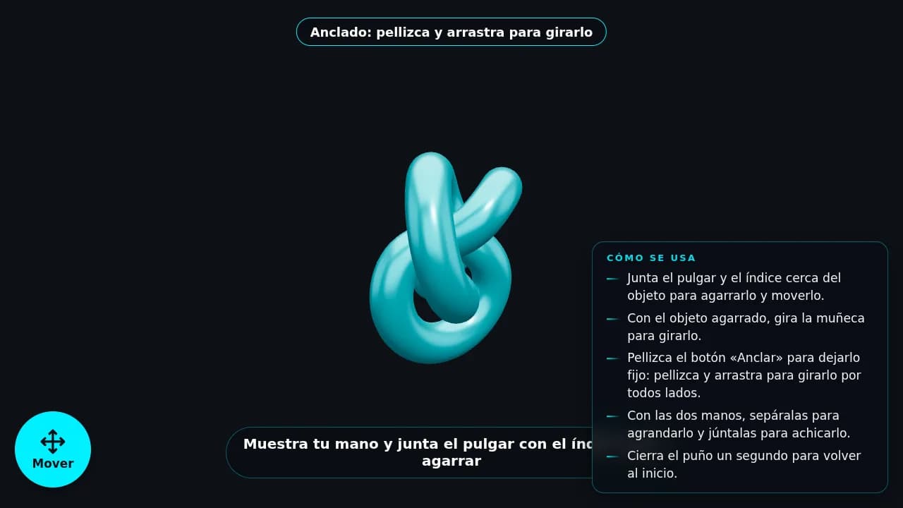 Objeto 3D para anclar y girar con el aviso Anclado: pellizca y arrastra para girarlo, el cuadro Cómo se usa y el botón Mover