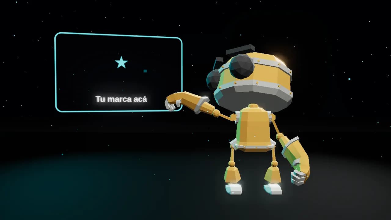 Protagonista 3D: el robot de muestra señala un cartel con una estrella y el texto Tu marca acá