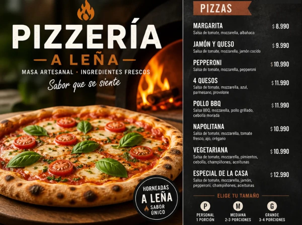 Carta digital de una pizzería con la lista de pizzas, sus ingredientes, los precios y los tres tamaños