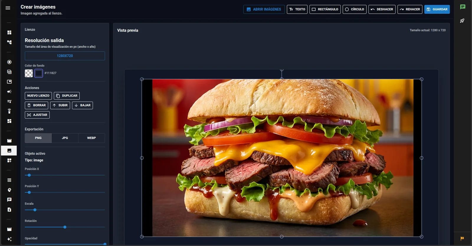 Editor de imagen con la resolución de salida, las capas y los controles de posición, escala y rotación