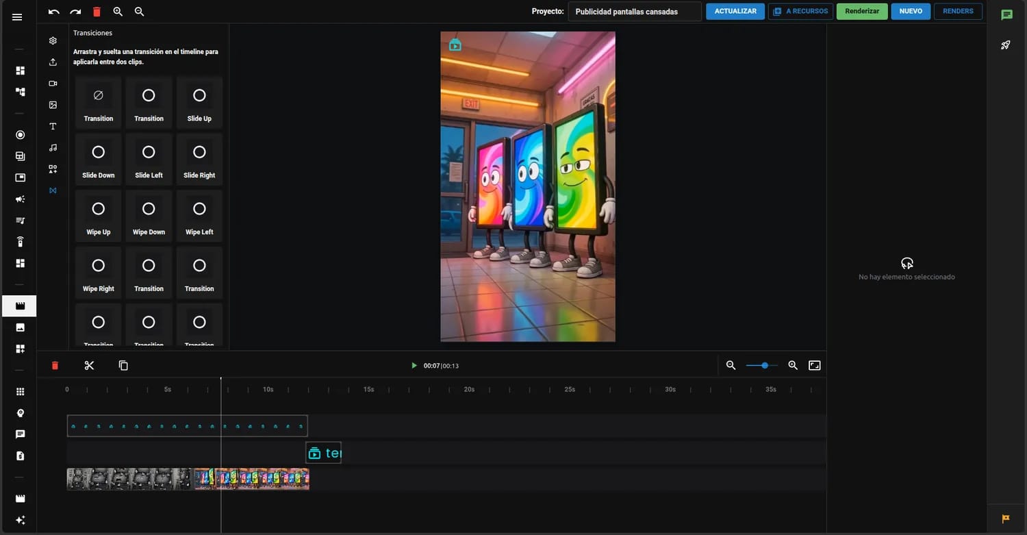 Editor de video con la línea de tiempo, el panel de transiciones y efectos, la biblioteca de recursos y la vista previa de la pieza