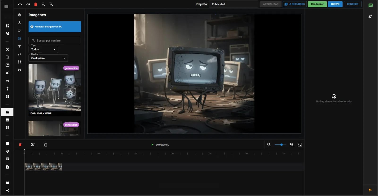 Editor de video de tenelo con línea de tiempo, biblioteca de recursos y botón de renderizar