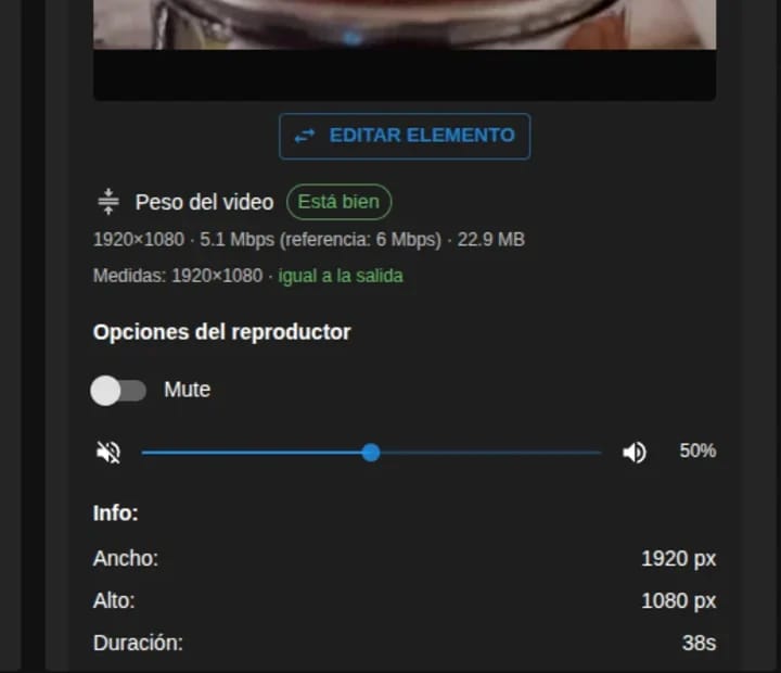 Detalle de un video cargado en un canal: el panel dictamina que su peso está bien, 5,1 Mbps contra una referencia de 6, y que sus medidas son iguales a las de la salida