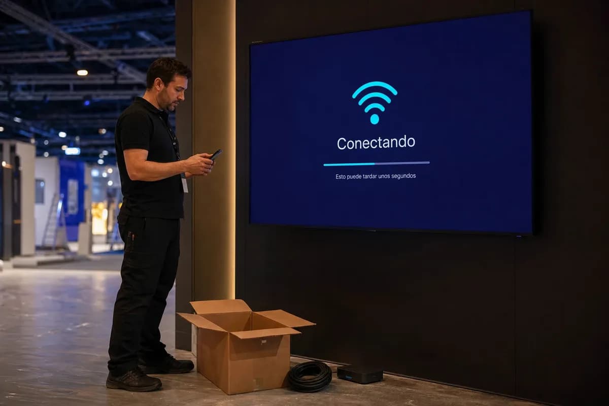 Técnico configurando una pantalla recién montada desde su teléfono, con la caja y el reproductor todavía en el piso