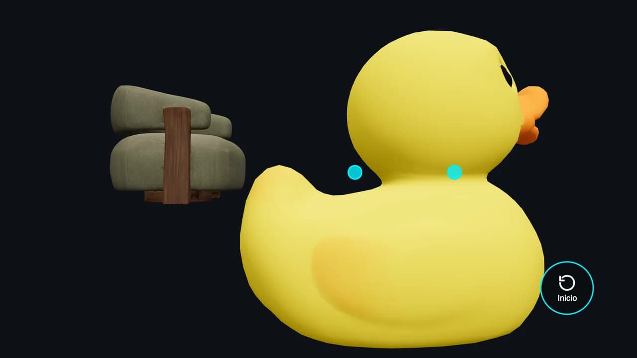 Objeto 3D con gestos: un pato de goma agrandado con las dos manos, cuyos cursores celestes se ven a los costados