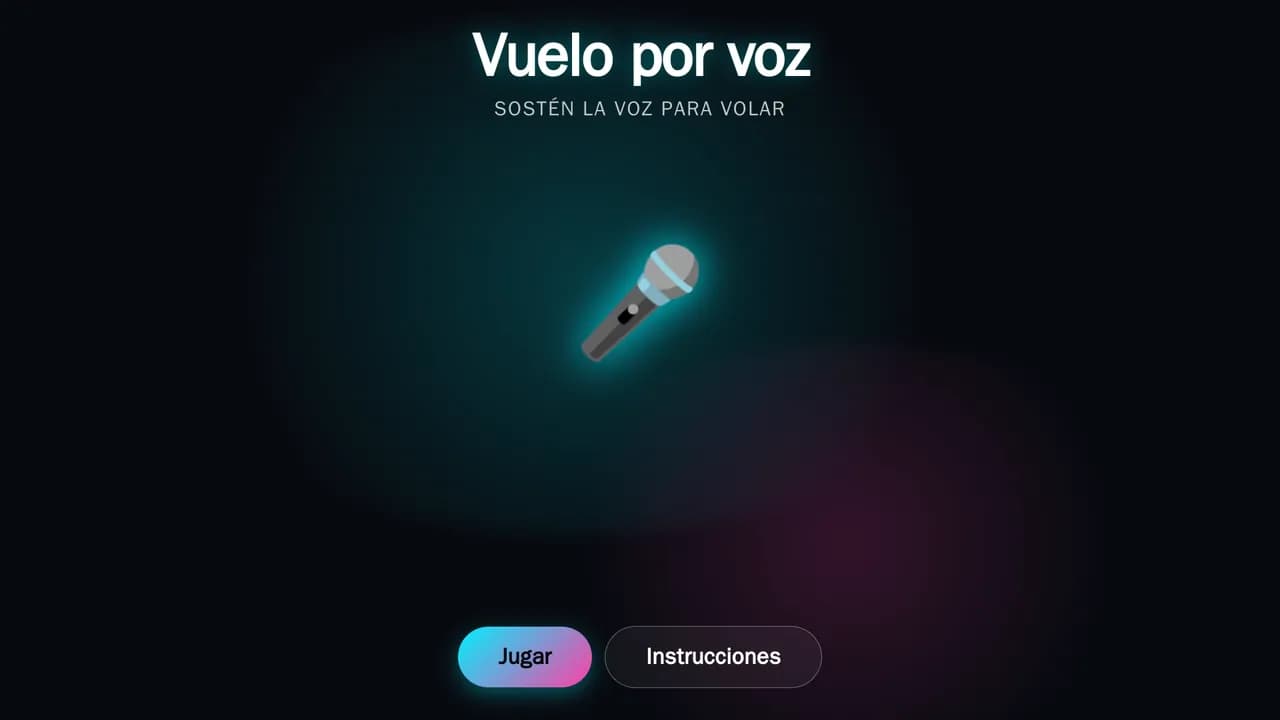 Vuelo por voz: la pantalla de inicio con un micrófono, el texto Sostén la voz para volar y los botones Jugar e Instrucciones