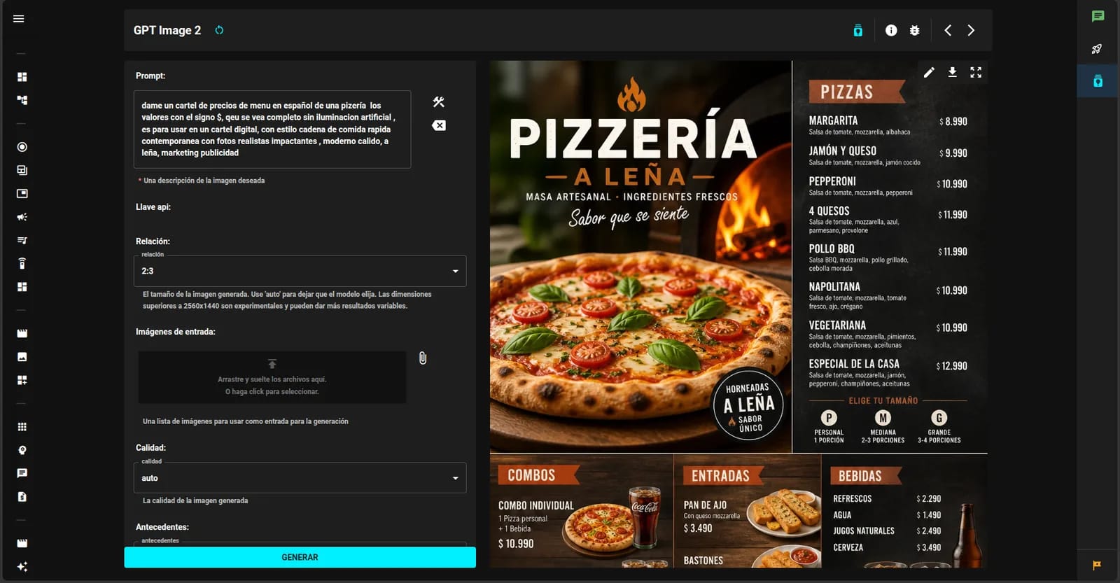 Generación de una carta de precios con IA: el pedido escrito en español y el cartel terminado