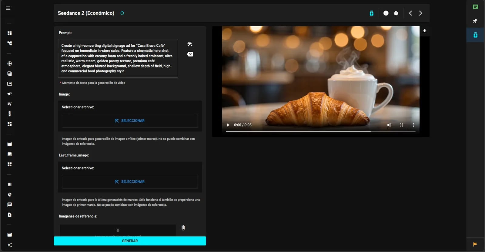 Generación de un video con IA: el pedido escrito a la izquierda y el video del café ya listo a la derecha
