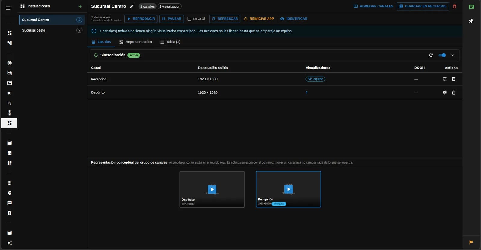 Los canales de una sucursal agrupados, con controles para reproducir y pausar todo el grupo a la vez