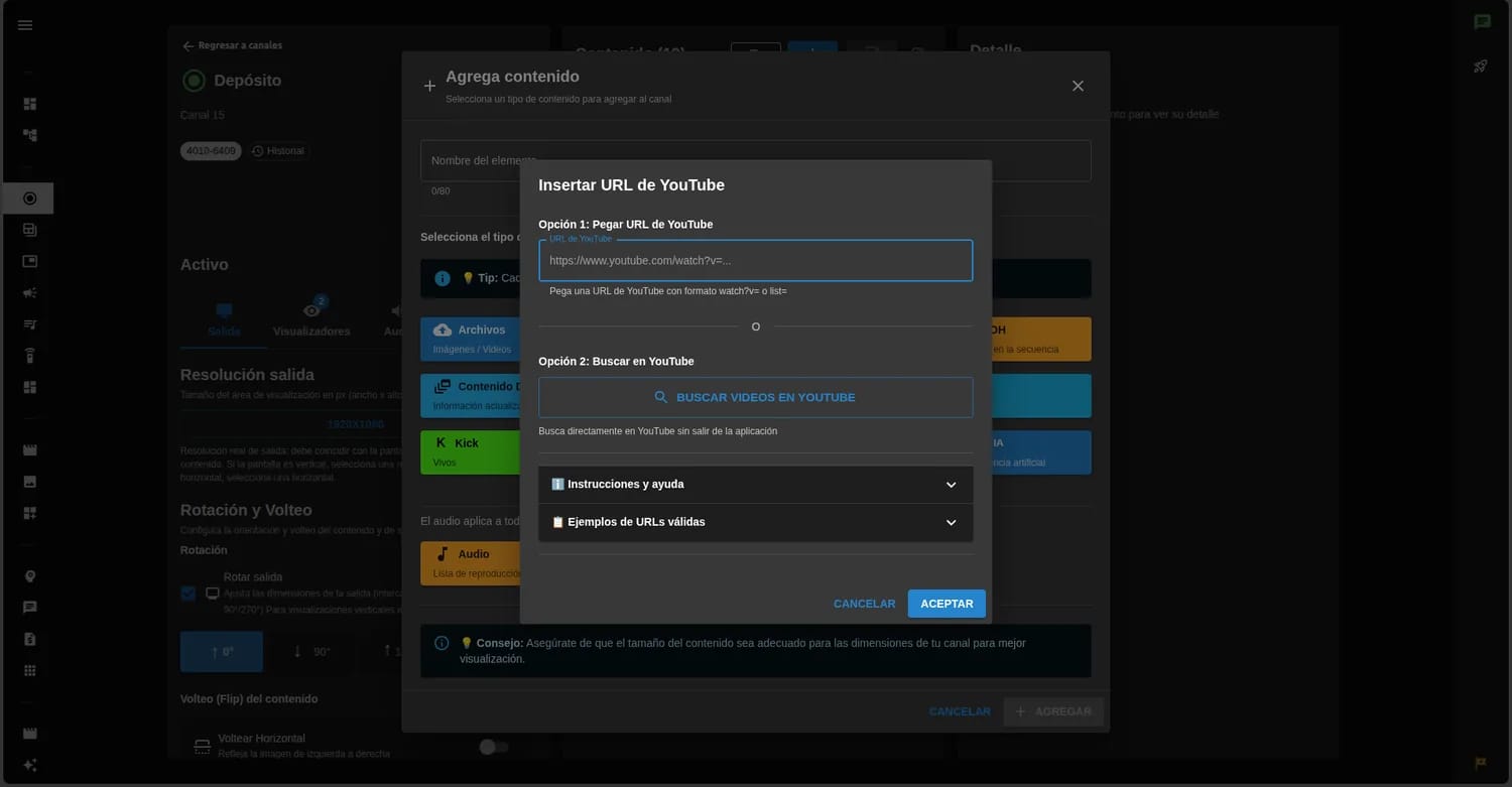 Diálogo para insertar un video de YouTube en un canal: pegar la URL, o buscar videos de YouTube sin salir de la aplicación