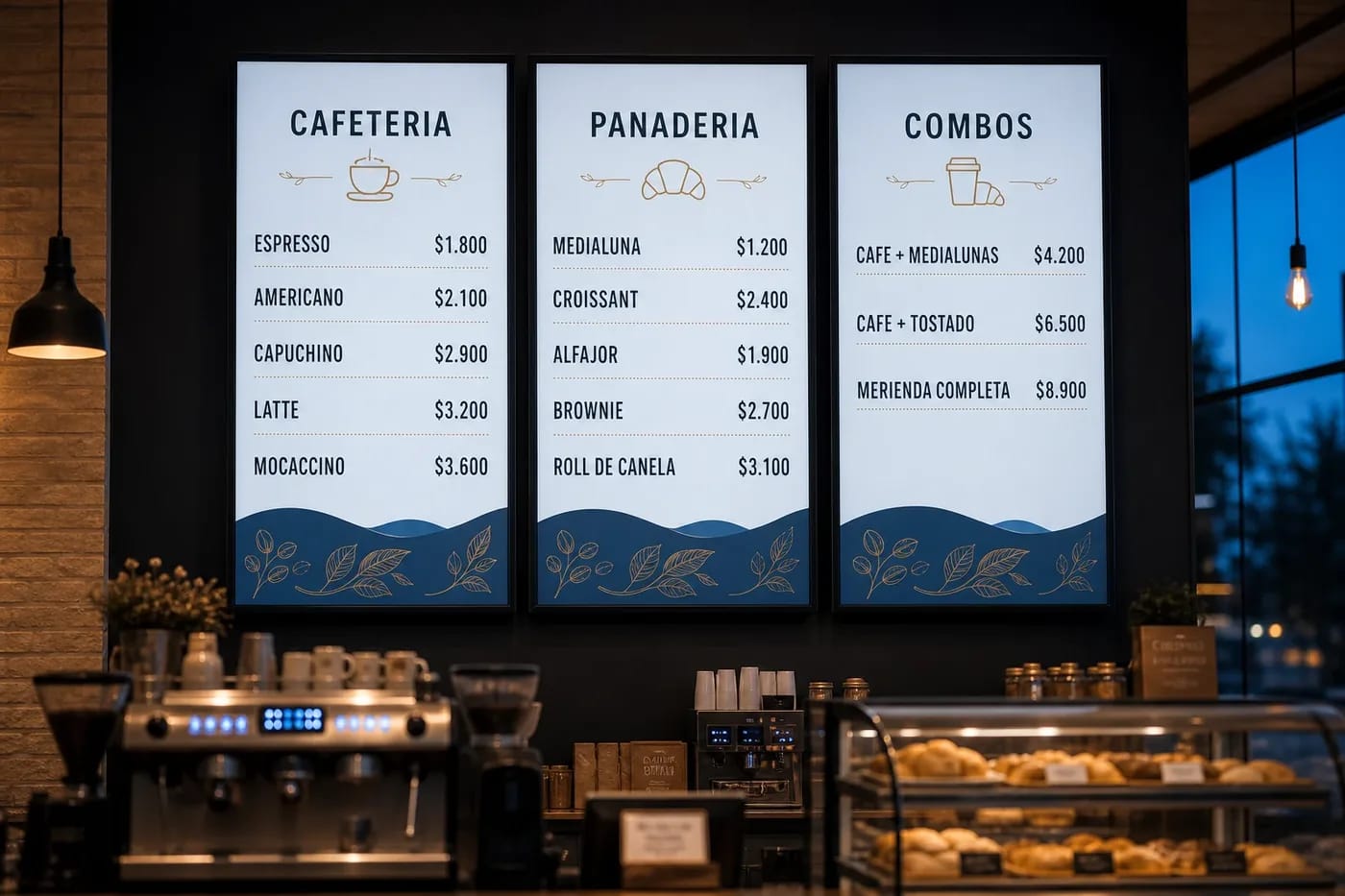 Tres pantallas verticales montadas sobre el mostrador de una cafetería, con el menú de cafetería, panadería y combos con sus precios