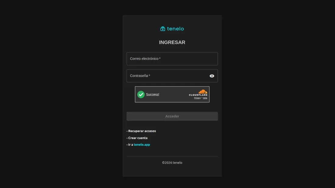 Pantalla de ingreso al panel de tenelo en el navegador, con correo, contraseña y verificación anti-robots