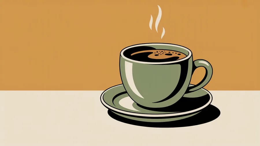 Ilustración plana de una taza de café humeante sobre fondo ocre y crema