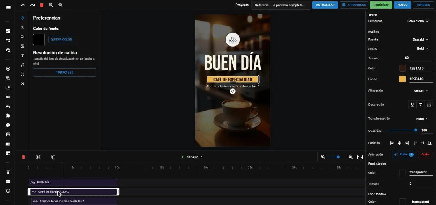 Editor de video de tenelo con un proyecto vertical de cafetería: foto de fondo, logo y textos en la línea de tiempo, y los estilos del texto seleccionado