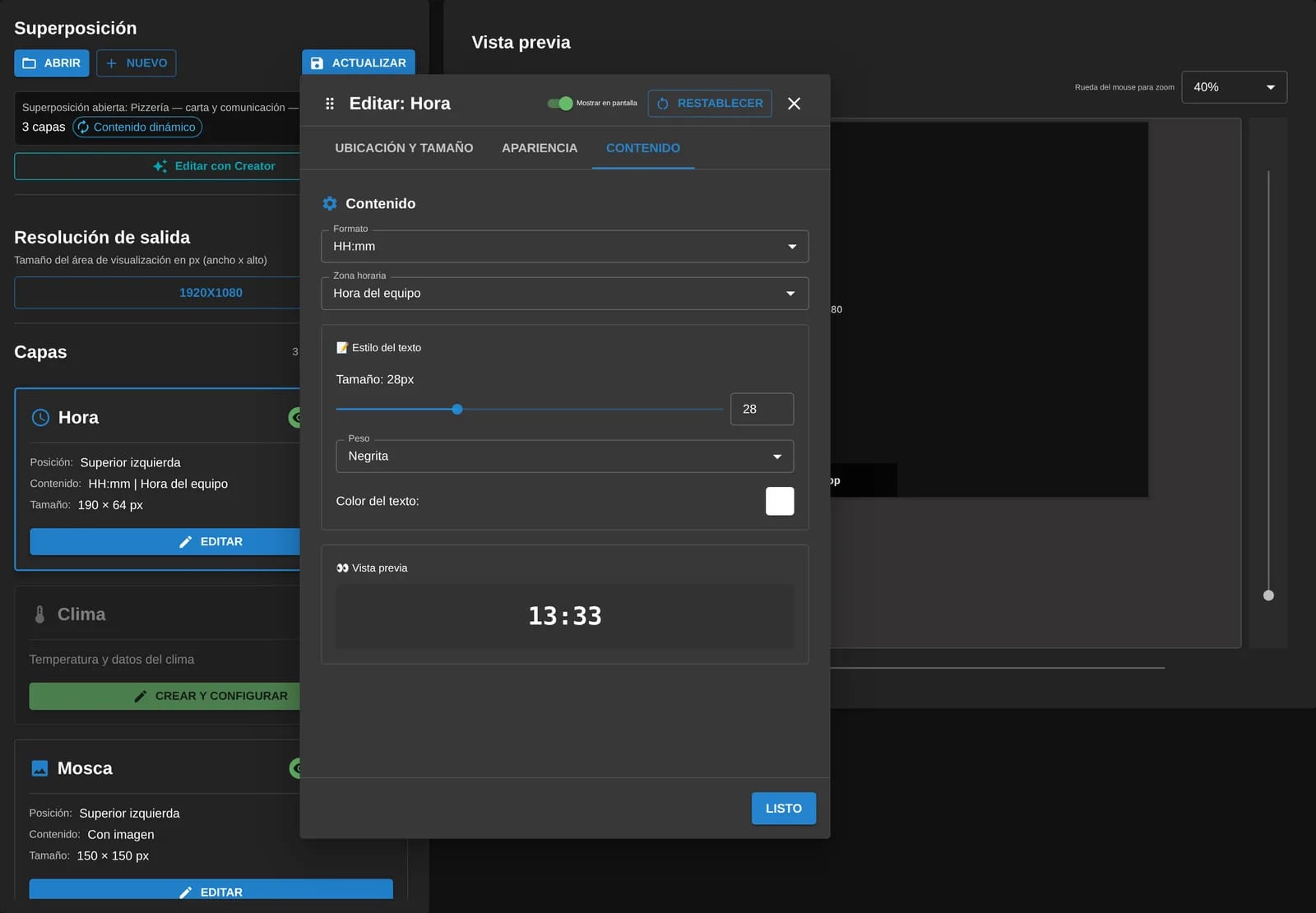 Hora: captura del panel de Tenelo