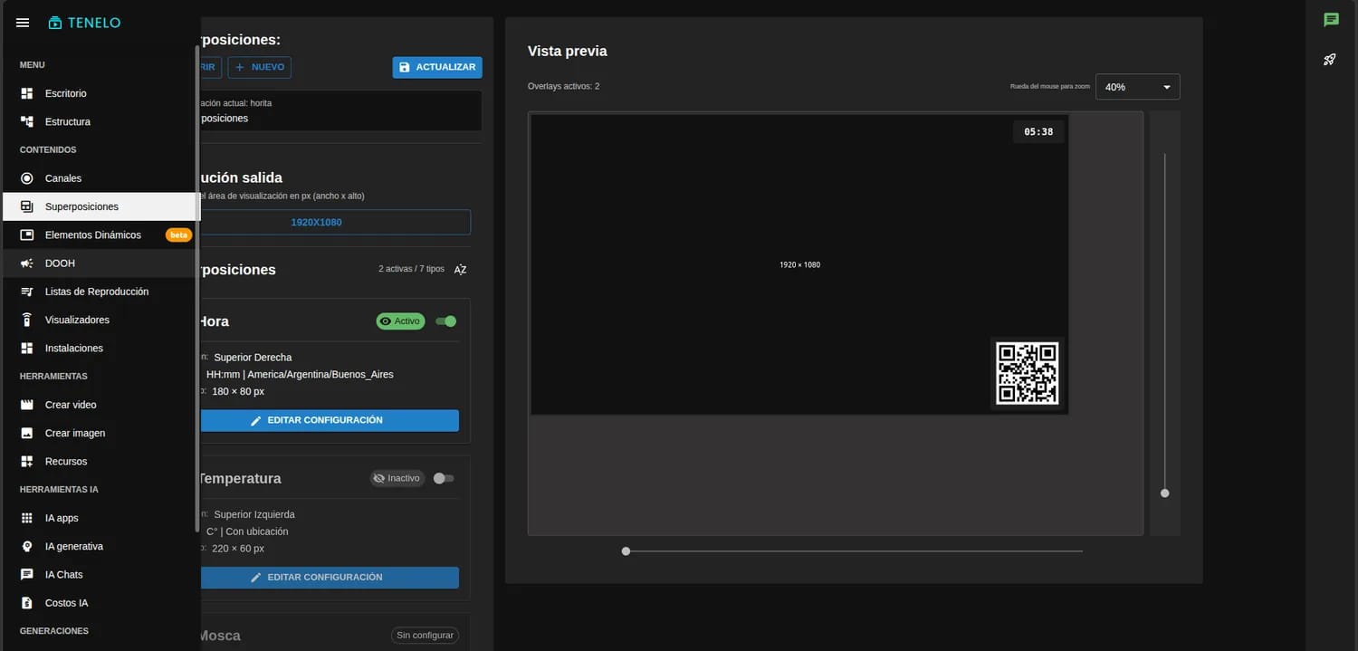 Panel de superposiciones con la hora y la temperatura configuradas, su posición y su tamaño en píxeles, junto a la vista previa donde se ven la hora y un código QR sobre el contenido del canal