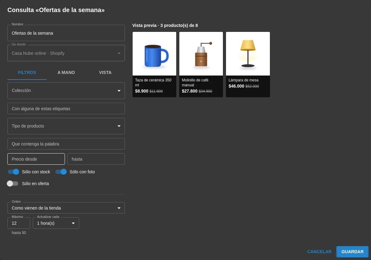 Ventana de una consulta en el panel: nombre, de qué tienda, los filtros por colección, etiquetas, tipo, palabra y precio, los interruptores sólo con stock, sólo con foto y sólo en oferta, el orden, el máximo y cada cuánto se actualiza; a la derecha, la vista previa con tres productos