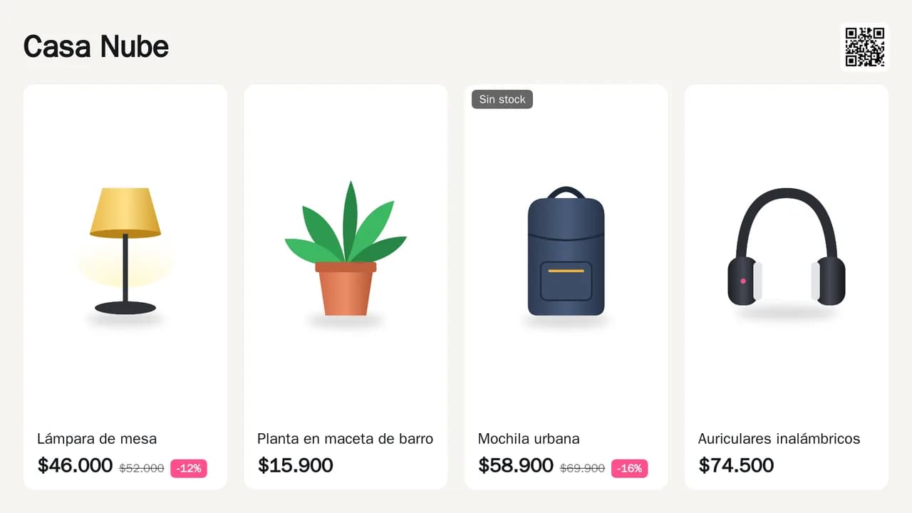 Vidriera con colores claros: lámpara, planta, mochila y auriculares con su precio; la mochila con el cartel Sin stock y un solo QR arriba a la derecha que lleva a la tienda