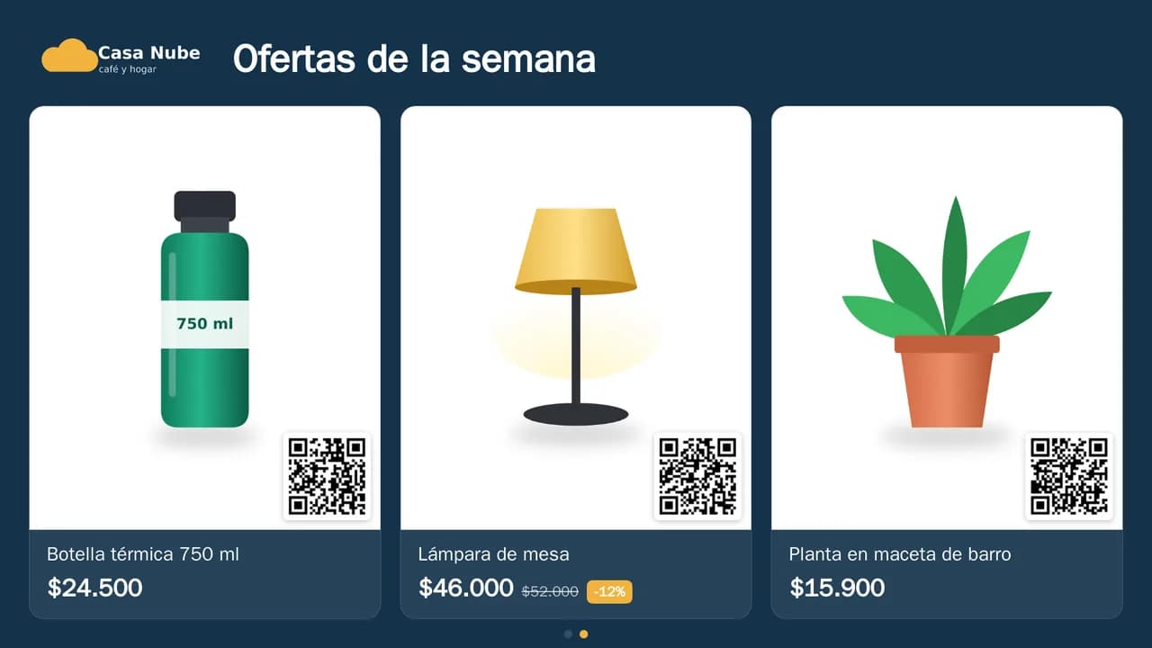 Segunda vista de la misma Vidriera: botella térmica, lámpara y planta con su precio y su QR