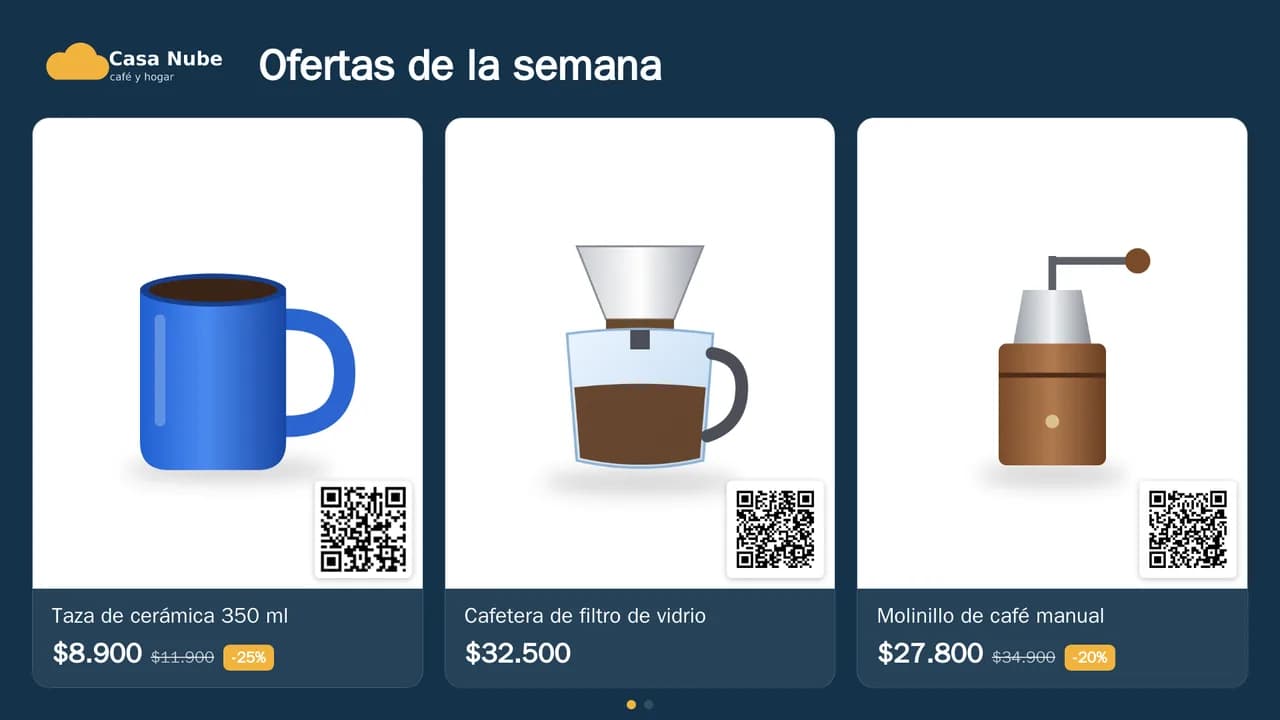Vidriera en una pantalla con los colores de una marca de café y hogar: logo arriba, el título Ofertas de la semana y tres productos —una taza, una cafetera y un molinillo— con su precio, el precio anterior tachado, el descuento y un código QR en cada uno