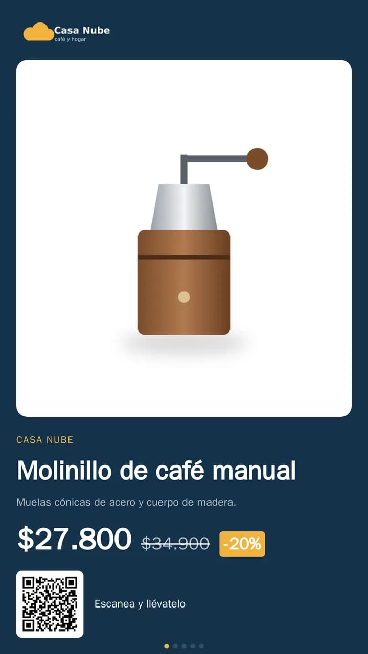 Vidriera vertical en diseño uno grande con los colores de la marca: un molinillo de café manual con su descripción, el precio de 27.800 pesos, el anterior tachado, un 20 % de descuento y un código QR con el texto Escanea y llévatelo
